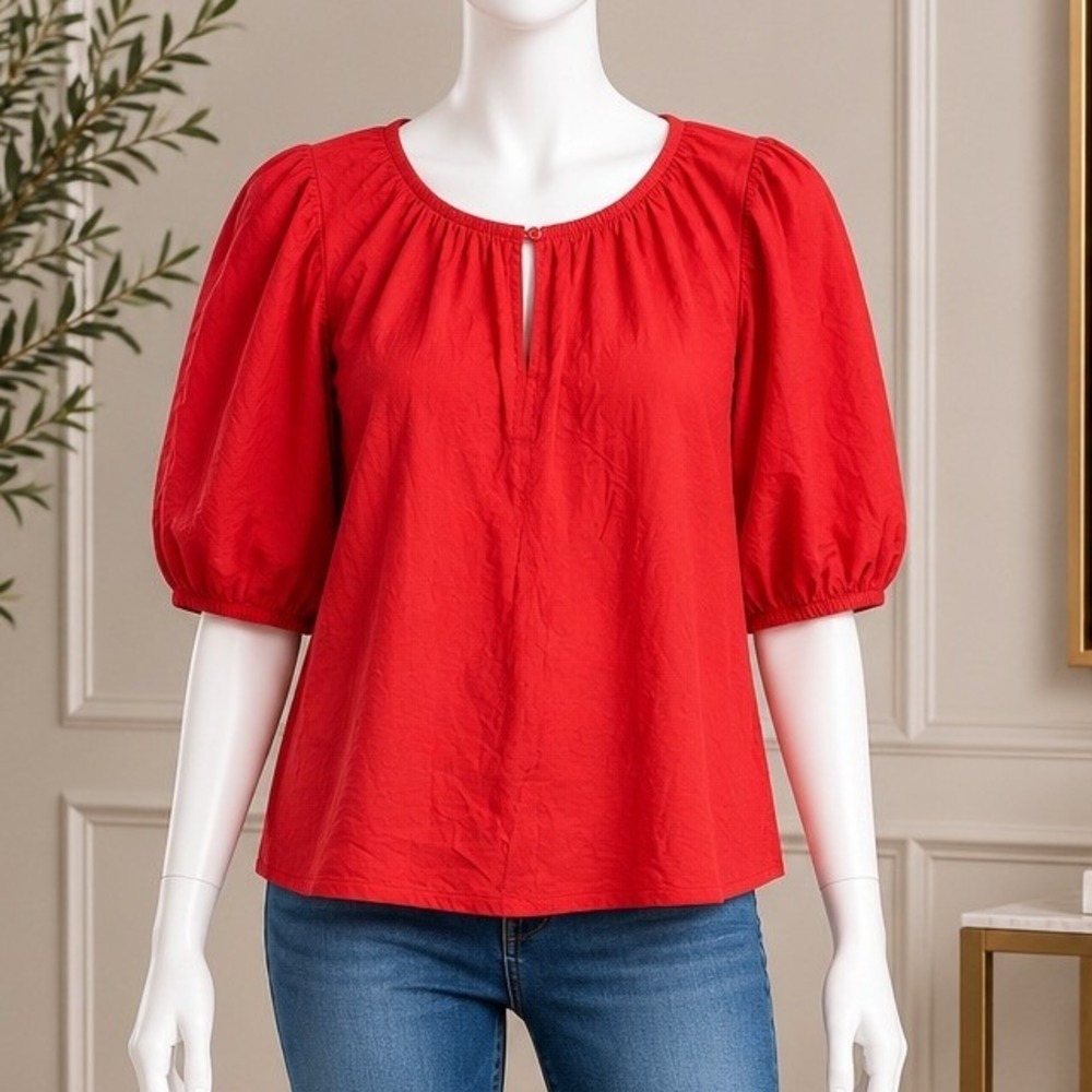 Old Navy Women Top Slub Knit Puff Sleeve Red Large
